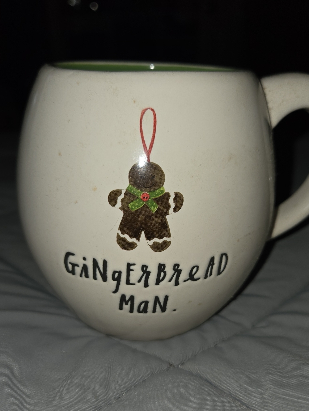 Rae Dunn White Mug with Green Interior Gingerbread Ornament